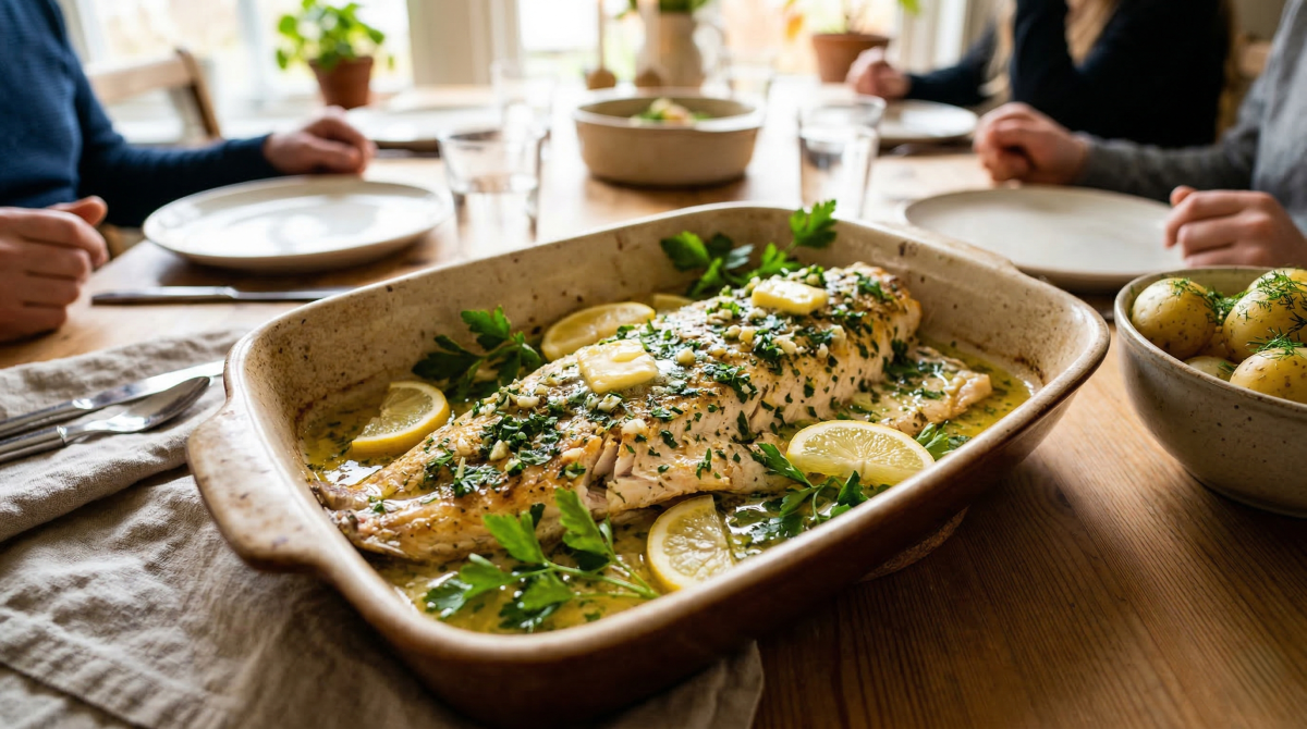 Plat de filet de brochet au four avec citron et persil pour une recette de brochet savoureuse